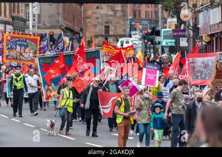 Glasgow, Scotland, UK. 31st July, 2021. Campaigners from the group Glasgow Against Closures together with the trade unions UNISON, Unite and the GMB march from St. Mungo Museum Of Religious Life & Art to the People’s Palace to protest against the closure of public venues in the city. Credit: Skully/Alamy Live News Stock Photo
