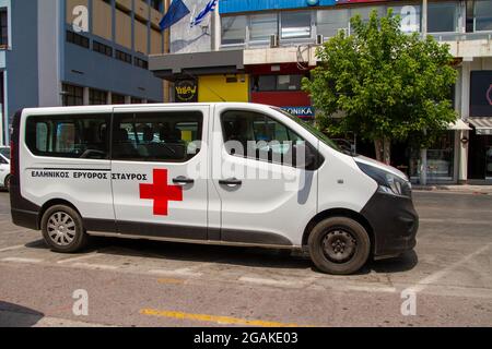 Thessaloniki, Greece, July 15, 2021. Red Cross ambulance in the street of Thessaloniki. Stock Photo