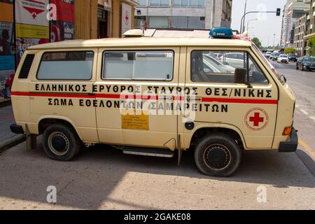 Thessaloniki, Greece, July 15, 2021. Old Red Cross ambulance in the street of Thessaloniki. Stock Photo