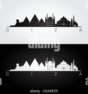 Cairo skyline and landmarks silhouette, black and white design, vector ...