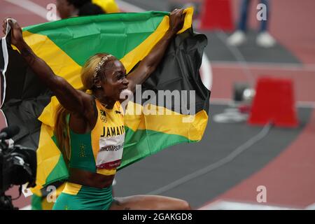 31st July 2021; Olympic Stadium, Tokyo, Japan: Tokyo 2020 Olympic summer games day 8; Womens 100 metres final; THOMPSON-HERAH Elaine (Jam) wins the final with a time of 10.61 and takes the gold medal Stock Photo