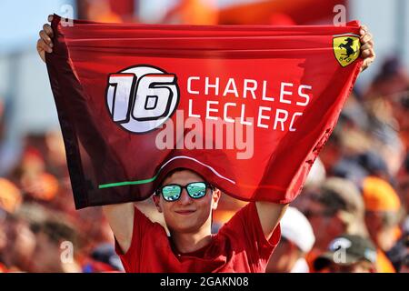 Budapest, Hungary. 31st July, 2021. Circuit atmosphere - fans in the grandstand - Charles Leclerc (MON) Ferrari fan. Hungarian Grand Prix, Saturday 31st July 2021. Budapest, Hungary. Credit: James Moy/Alamy Live News Stock Photo