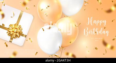3D realistic elegant yellow orange ballon and present gift box with golden flower ribbon Happy Birthday celebration card banner template Stock Vector