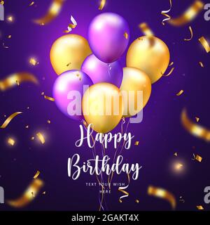 Elegant golden yellow purple ballon and party popper ribbon Happy Birthday celebration card banner template Stock Vector