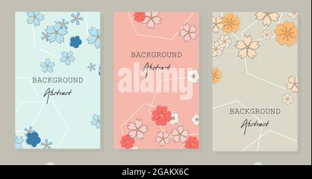 Abstract set background vector. Hand-drawing of blue, pink and yellow flowers. Good for cover, invitation, banner, placard, brochure, poster, card, fl Stock Vector