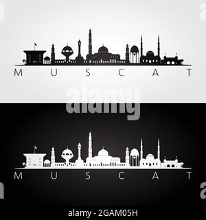 Muscat skyline and landmarks silhouette, black and white design, vector illustration. Stock Vector