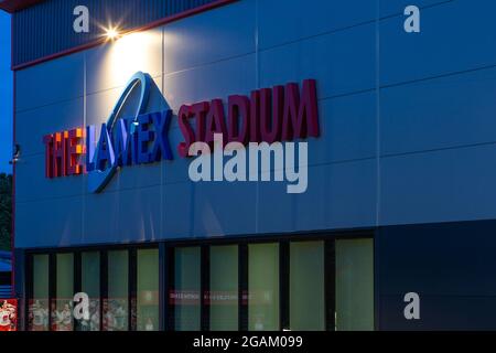 Lamex Stadium sign in exterior of North Stand of Lamex Stadium, Stevenage, Herts, UK Stock Photo