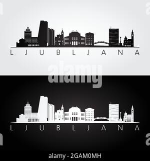 Ljubljana skyline and landmarks silhouette, black and white design, vector illustration. Stock Vector