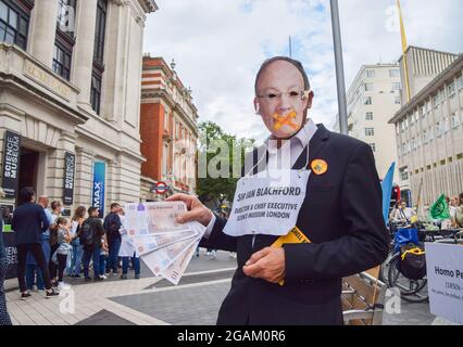 London, United Kingdom. 31st July 2021. A demonstrator dressed as Sir Ian Blachford, Director and Chief Executive of the Science Museum. Extinction Rebellion activists gathered outside the Science Museum in South Kensington to protest against oil giant Shell's sponsorship of the Our Future Planet climate change exhibition. (Credit: Vuk Valcic / Alamy Live News)