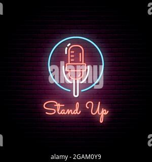 Glowing microphone illustration . Neon sign. Signboard for Stand Up show. Vector illustration. Stock Vector