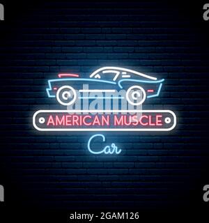 Neon silhouette of classic American muscle car. Glowing sign. Auto icon. Vector illustration. Stock Vector