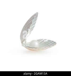 Pearl inside seashell isolated on white background Stock Photo