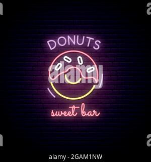Neon sign of Sweet Donuts. Neon cafe emblem, bright banner. Advertising design. Night light signboard. Vector illustration. Stock Vector