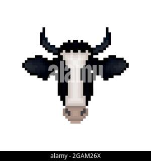 Cartoon pixelated Cow icon. Pixel design. Cow muzzle isolated on white background. Vector illustration. Stock Vector