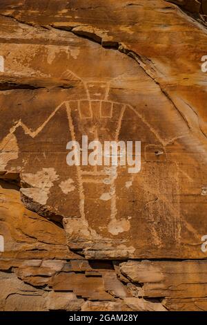 Spectacular panel of stylized human figures at McKee Spring Petroglyph Site, Dinosaur National Monument, Utah, USA Stock Photo