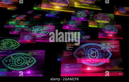 Cyber eye and big brother symbol on computer screens. Cyber threat, artificial intelligence, digital spy and hacking 3d abstract concept illustration. Stock Photo