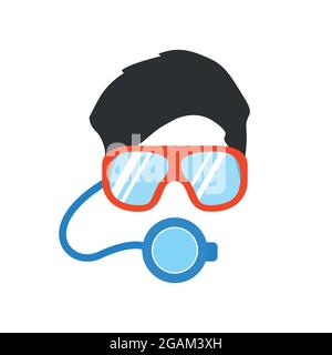 Portrait of man in mask and glasses for underwater swimming. Scuba diver. Flat style people icon. Vector illustration. Stock Vector