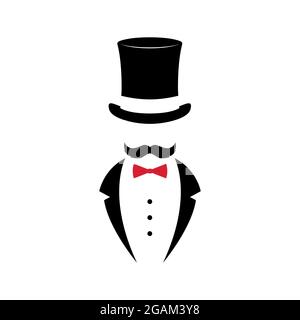 Gentleman with mustache in tuxedo and vintage hat. Black and white emblem design. Vector illustration Stock Vector