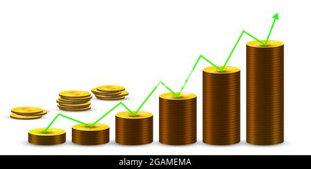 Modern Wealth Concept Background with Growing Arrows and 3D Rendered Coins. Abstract business and finance backdrop Stock Photo