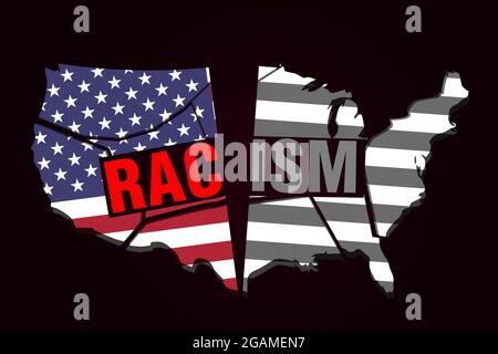 Racism is destroying the United States of America, 3D Rendered US Map Broken Concept with Typography. Modern time problems concept backdrop Stock Photo
