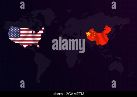 United States of America VS China Political Situation Representation with the help of World Map with waving flags. Modern Waving flags inside the maps Stock Photo