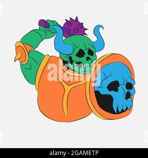 cartoon skeleton armor shield mace vector image on a white isolated background. Halloween Stock Vector