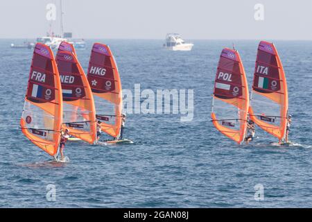 Kanagawa, Japan. 31st July, 2021. Competitors take part in the Woman's Windsurfer -RS:X - Medal Race during the Tokyo 2020 Olympic Games at Enoshima Yatch Harbour in Fujisawa. (Credit Image: © Rodrigo Reyes Marin/ZUMA Press Wire) Stock Photo