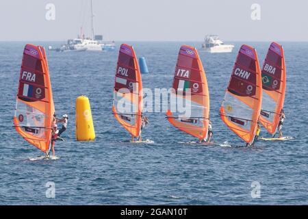 Kanagawa, Japan. 31st July, 2021. Competitors take part in the Woman's Windsurfer -RS:X - Medal Race during the Tokyo 2020 Olympic Games at Enoshima Yatch Harbour in Fujisawa. (Credit Image: © Rodrigo Reyes Marin/ZUMA Press Wire) Stock Photo