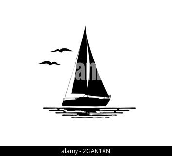 Black and white illustration of sailing boat isolated on white background. Water, birds, silhouettes. Stock Photo