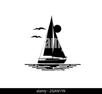 Black and white illustration of sailing boat isolated on white background. Water, birds, sun, silhouettes. Logo. Stock Photo