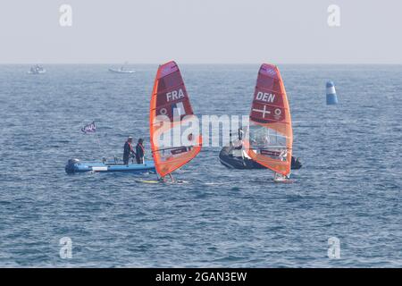 Kanagawa, Japan. 31st July, 2021. Competitors take part in the Woman's Windsurfer -RS:X - Medal Race during the Tokyo 2020 Olympic Games at Enoshima Yatch Harbour in Fujisawa. (Credit Image: © Rodrigo Reyes Marin/ZUMA Press Wire) Stock Photo