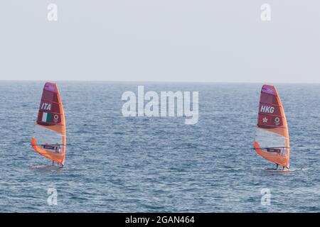 Kanagawa, Japan. 31st July, 2021. Competitors take part in the Woman's Windsurfer -RS:X - Medal Race during the Tokyo 2020 Olympic Games at Enoshima Yatch Harbour in Fujisawa. (Credit Image: © Rodrigo Reyes Marin/ZUMA Press Wire) Stock Photo