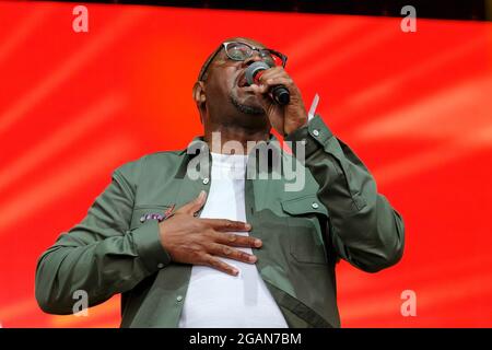 Lulworth, UK. 30th July, 2021. Grammy nominated British Jamaican soul singer Dennis Seaton, lead singer with British pop band Musical Youth performs live on stage during the Camp Bestival festival in Lulworth. (Photo by Dawn Fletcher-Park/SOPA Images/Sipa USA) Credit: Sipa USA/Alamy Live News Stock Photo