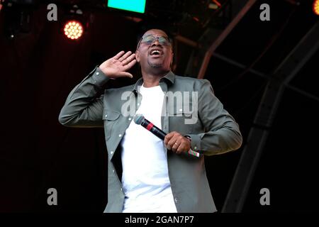 Lulworth, UK. 30th July, 2021. Grammy nominated British Jamaican soul singer Dennis Seaton, lead singer with British pop band Musical Youth performs live on stage during the Camp Bestival festival in Lulworth. (Photo by Dawn Fletcher-Park/SOPA Images/Sipa USA) Credit: Sipa USA/Alamy Live News Stock Photo