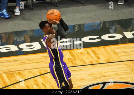 Orlando, Florida, USA, March 26, 2021, Los Angeles Lakers Poing Guard Dennis Schroder #17 takes a shot at the Amway Center  (Photo Credit:  Marty Jean-Louis) Stock Photo