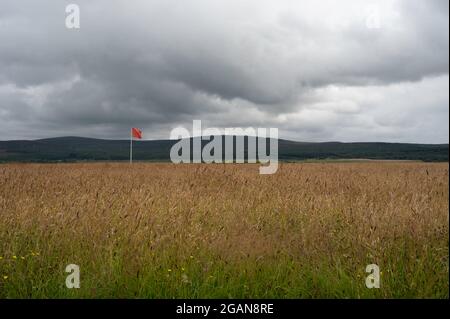 Culloden Moor in the Scottish Highlands with a red flag indicating the position of the English Army in the 1746 battle. Moody skies in the background. Stock Photo