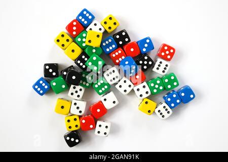 Pile of Dice on White Background Stock Photo