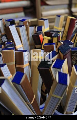 Paper folded-raw handfans for sale-Shuyuanmen Ancient Culture Street-Calligraphy Street. Xi'an-Shaanxi-China-1520 Stock Photo