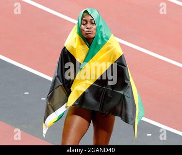 Tokyo, Kanto, Japan. 31st July, 2021. Elaine Thompson-Herah (JAM) celebrates after winning the women's 100m final during the Tokyo 2020 Summer Olympic Games at Olympic Stadium. (Credit Image: © David McIntyre/ZUMA Press Wire) Stock Photo