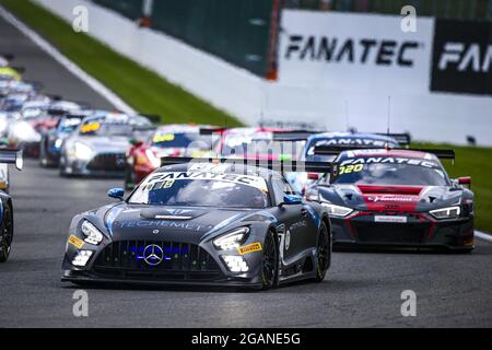 Stavelot, Belgio. 31st July, 2021. 57 Ward Rusell (usa), Grenier Mikael (can), Ellis Philip (gbr), Winward Racing, Mercedes-AMG GT3, action during the TotalEnergies 24 hours of Spa, 6th round of the 2021 Fanatec GT World Challenge Europe Powered by AWS, from July 28 to August 1, 2021 on the Circuit de Spa-Francorchamps, in Stavelot, Belgium - Photo Julien Delfosse/DPPI Credit: Independent Photo Agency/Alamy Live News Stock Photo