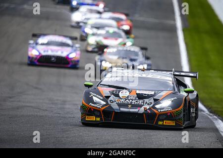 Stavelot, Belgio. 31st July, 2021. 63 Bortolotti Mirko (ita), Mapelli Marco (ita), Caldarelli Andrea (ita), Orange 1 FFF Racing Team, Lamborghini Huracan GT3 Evo, action during the TotalEnergies 24 hours of Spa, 6th round of the 2021 Fanatec GT World Challenge Europe Powered by AWS, from July 28 to August 1, 2021 on the Circuit de Spa-Francorchamps, in Stavelot, Belgium - Photo Julien Delfosse/DPPI Credit: Independent Photo Agency/Alamy Live News Stock Photo