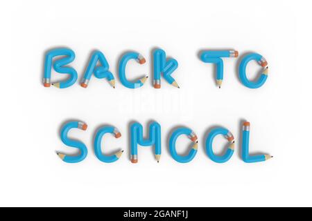 Text 'back to school' with pencils isolated on white background. 3d illustration. Stock Photo