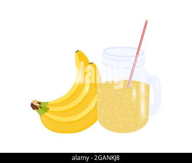 A bunch of ripe yellow bananas and fresh banana juice in a glass jar with a handle and a straw. A glass with banana juice isolated on a white Stock Vector