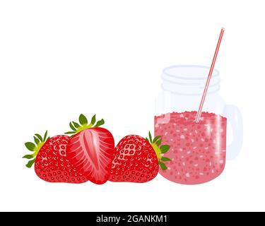 Ripe red aromatic sweet strawberries and strawberry fresh juice in a glass jar with a handle and a straw. Glass with strawberry juice isolated Stock Vector