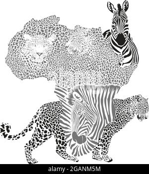 Background with a map of Africa with a leopard and zebra motif Stock Vector