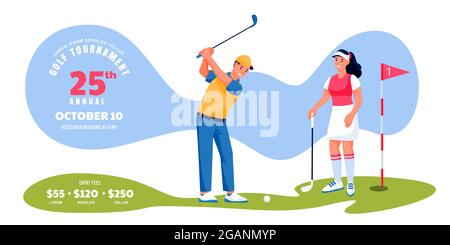 Golf tournament or competition banner flyer, ticket layout. Young male and female playing golf, vector flat cartoon character illustration. Poster bac Stock Vector