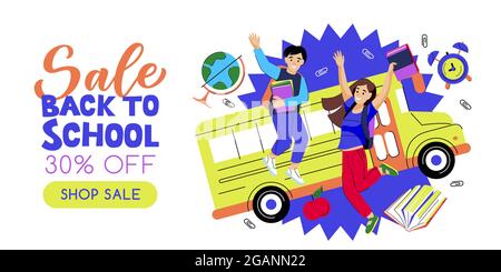 Back to school sale banner poster design template. Happy jumping kids on yellow school bus background. Vector flat cartoon illustration. Study and edu Stock Vector