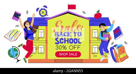 Back to school sale banner poster design template. Happy jumping boy and girl on yellow school building background. Vector flat cartoon illustration. Stock Vector