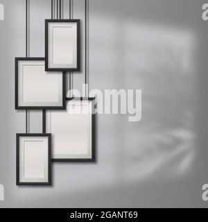 Pictures, photo frames on transparen background with soft overlay shadows from window and plants outside. Stock Vector