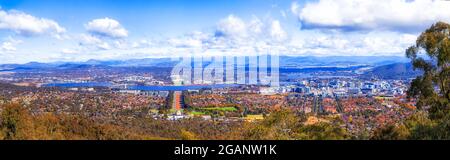 Elevated anorama of Australian Capital territory - Canberra city on shores of Lake Burley Griffin on a sunny day. Stock Photo